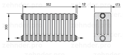 Схема (чертеж) Радиатор Zehnder Charleston 5030/12 №2670 Белый глянцевый RAL 9016